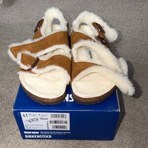 Birkenstock Milano Suede Sandals in Tan with Cream Shearling